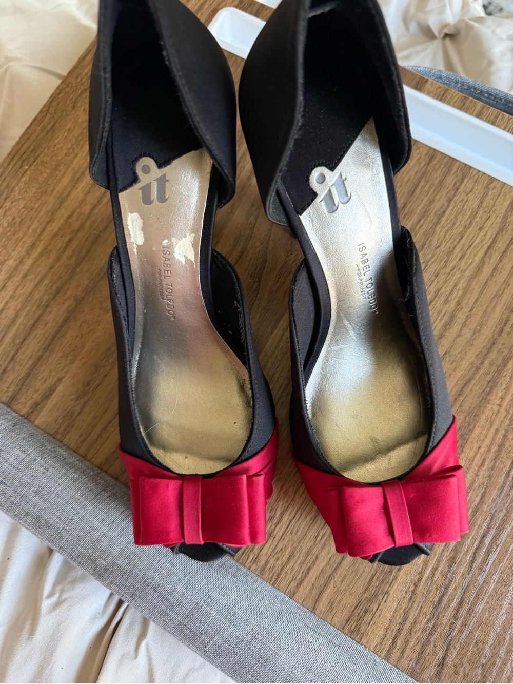 Isabel Toledo Black Peep-Toe Heels with Red Bow Accent